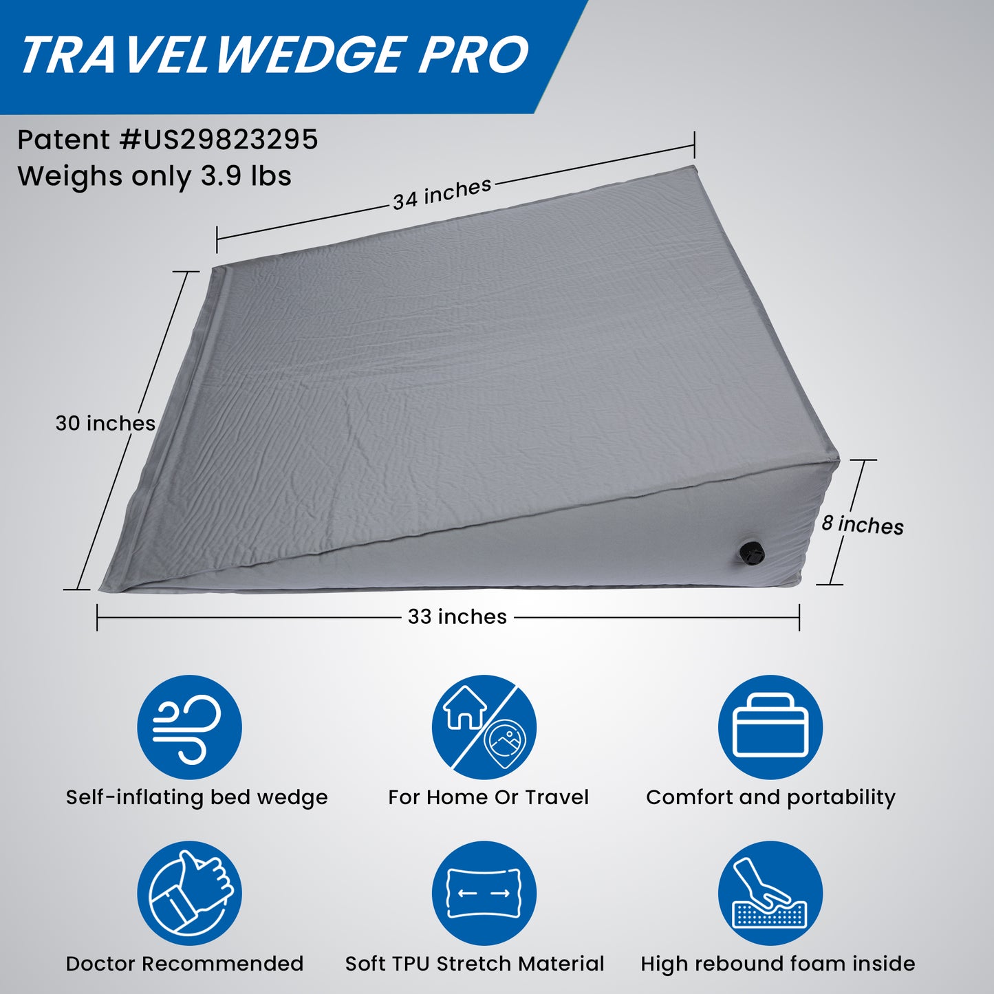 Self Inflating Bed Wedge Pillow - Travelwedge PRO - 30 Inch