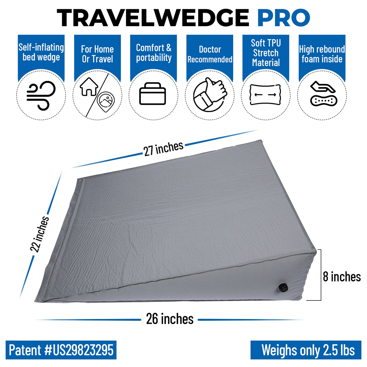 Self Inflating Bed Wedge Pillow - Travelwedge PRO - 22 Inch